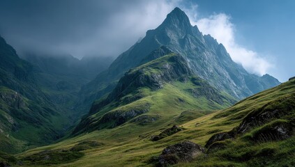 Fototapeta premium Majestic peak, verdant slopes shrouded in mist