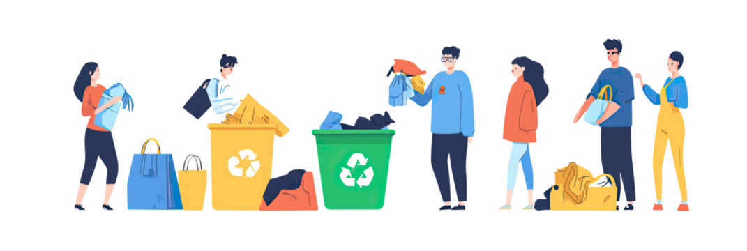 People sorting and recycling old clothes at textile recycling bins with shopping bags sustainable fashion eco friendly concept flat vector illustration