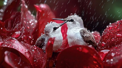 Two hummingbirds perched on a red flower with water droplets, surrounded by raindrops.
