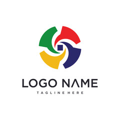 Circular logo design featuring four colorful elements, with a central square, and text below.