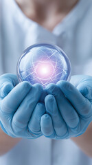 Scientist holding glowing digital sphere representing network or innovation.  
