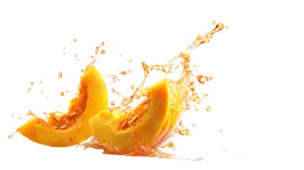 Two pumpkin slices splashing in orange liquid isolated on white background.