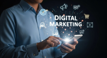 Digital marketing strategy concept, businessman using smartphone with digital marketing icons and text overlay