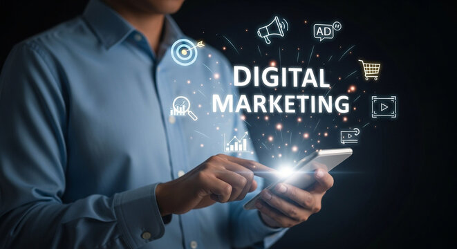 Digital marketing strategy concept, businessman using smartphone with digital marketing icons and text overlay