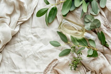 Top view of perfume bottle with eucalyptus leaves on beige fabric, creating a natural and calming ambiance for skincare routine
