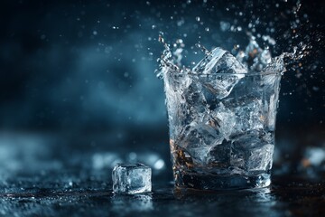 Ice cube droping in a glass creating a splashing water effect