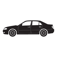Obraz premium Sleek Black Car Silhouette Modern Automotive Design and Transportation Vehicle Icon Graphic Illustration on White Background