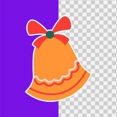 Cute cartoon Christmas bell sticker with a festive red bow. Isolated vector graphic design element for holiday decoration concepts