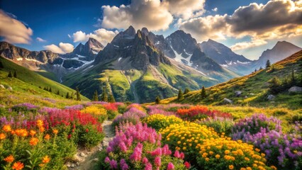 Obraz premium Vibrant Wildflowers Blooming in Majestic Mountain Landscape