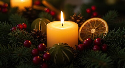 A lit candle is surrounded by evergreens dried citrus pine cones and red berries