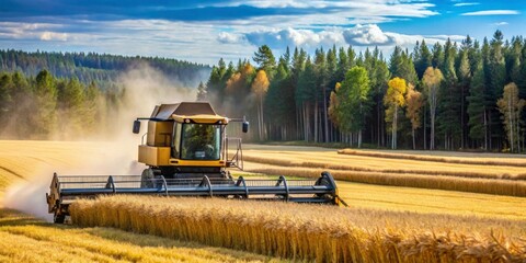 Fototapeta premium Harvesting Wheat with Combine in Scenic Autumn Landscape