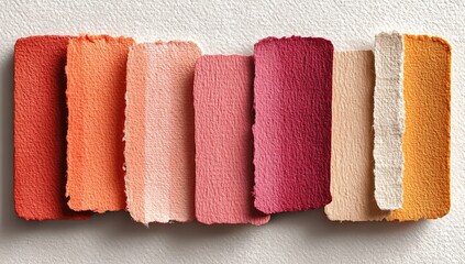 Eight torn paper rectangles arranged in a gradient of warm colors, from orange to yellow, on a textured off-white background.  The edges are uneven and slightly rough