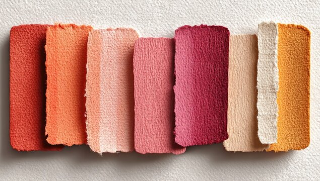 Eight torn paper rectangles arranged in a gradient of warm colors, from orange to yellow, on a textured off-white background.  The edges are uneven and slightly rough