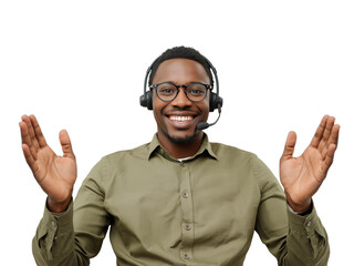 Enthusiastic customer support agent offering assistance with a friendly demeanor on a transparent