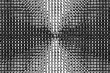 Pixel background with concentric pattern texture. Dither abstract radial gradient with dotted color gradation. Halftone monochrome glitch graphic.