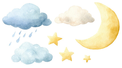 Watercolor illustration featuring whimsical clouds, shining stars, and a radiant crescent moon in