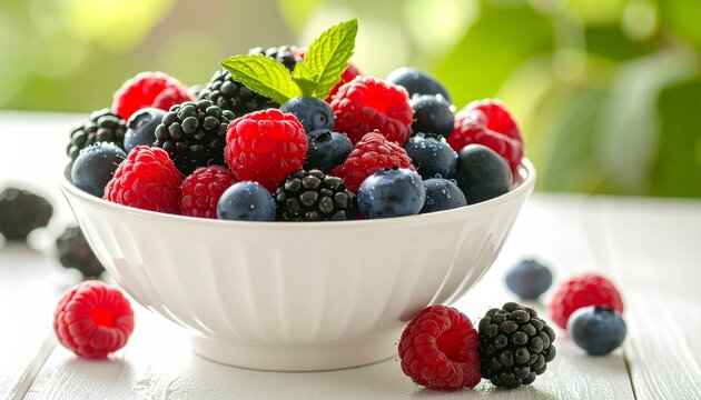 Fresh mixed summer berries in a white bowl on a light table. - Powered by Adobe