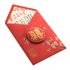 Red envelope with floral design and gold emblem, open to reveal text and seals, studio shot, top-down view.

