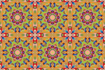 Traditional Thai art seamless floral damask pattern colorful motif suitable for wallpaper, cloth, textile, tile, blanket, curtain and fabric design isolated illustration vector archive EPS file.