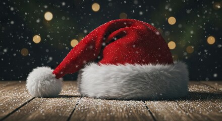 Santa hat on wooden table snow falling bokeh lights