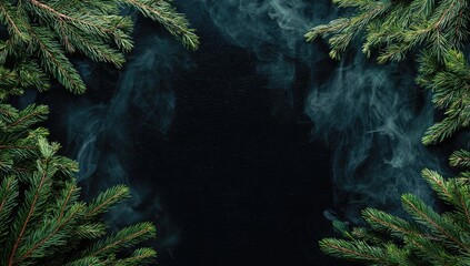 Evergreen branches frame a dark background filled with ethereal, swirling smoke, creating a moody, atmospheric winter scene