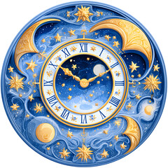 Ornate clock face with Roman numerals, celestial motifs, and golden accents against a starry night sky background. The clock hands are set to midnight.

