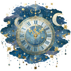 Elegant clock with Roman numerals, surrounded by a starry night sky, crescent moons, and golden stars. The composition is centered, with a whimsical and magical feel.

