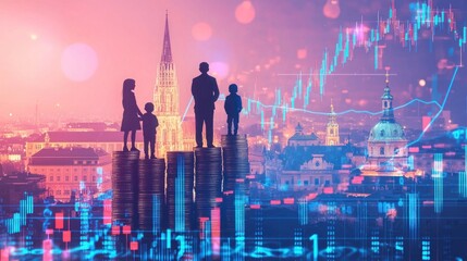 Silhouettes of a family standing on piles of coins against a cityscape with a stock market graph overlay.