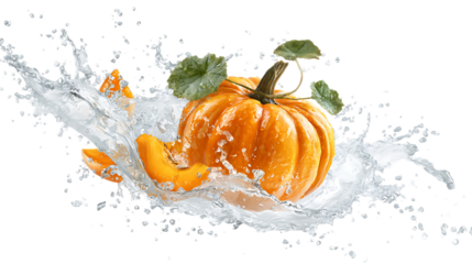 Orange pumpkin with water splash isolated on white background.