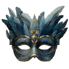Elegant masquerade mask adorned with blue feathers and intricate gold detailing, studio shot, front view.

