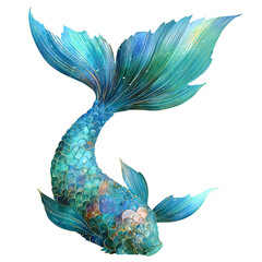 Enchanting mermaid tail with shimmering scales and seafoam, detailed illustration, isolated on white background, top down view

