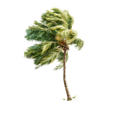 A single palm tree with fronds blowing in the wind against a white background, with a shadow cast on the grass below.
