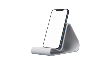 Modern minimalist gray smartphone holder stand with blank screen for mobile device on a transparent background isolated on transparent background