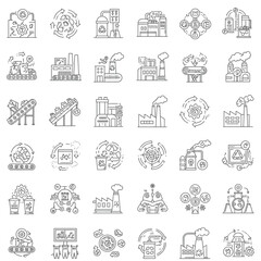 A comprehensive collection of line art icons illustrating various industrial processes, efficient waste management, and environmental sustainability initiatives.