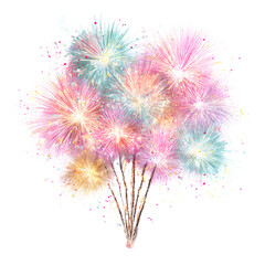 A vibrant display of colorful fireworks bursting in a celebratory pattern against a white background, with scattered confetti and a soft glow.

