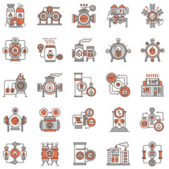 An extensive collection of modern flat design icons illustrating diverse industrial processes, energy production, and manufacturing systems for technological use.