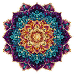 Intricate mandala design with vibrant colors and detailed patterns, symmetrical composition, isolated on white background.

