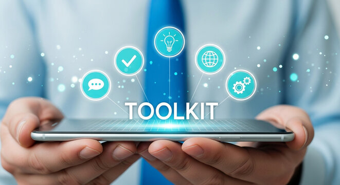Toolkit concept with icons on a smartphone screen, representing digital tools and resources for business and productivity - Powered by Adobe