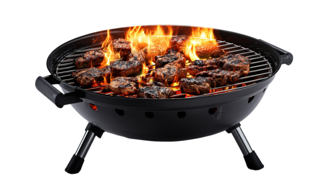 Traditional Wood-Fired BBQ Grill with Juicy Steaks Cooking Over Open Flames