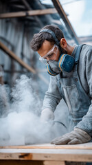 Man in protective gear sanding wood with power tool in a dusty workshop.
