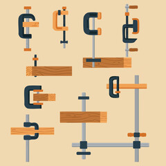 This vector illustration showcases various woodworking fasteners, including C-clamps and bar clamps, essential for carpentry and DIY.