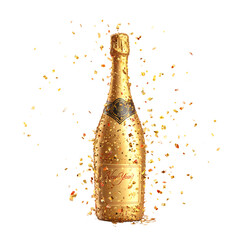 Golden champagne bottle with "New Year!" label, surrounded by falling confetti against a white background, studio shot, front view.
