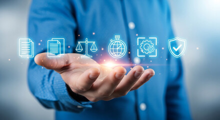 Businessman holding virtual compliance rules law regulation and standard certification concept in hand