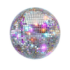 Disco ball reflecting colorful lights, isolated on white background, studio shot, close-up view.
