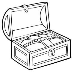Cartoon treasure chest with an open lid showing riches and pearls coloring book page line art