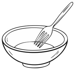 Drawn Fork Resting in an Empty Bowl, Utensil Inside White Tableware, Simple Line Art Illustration