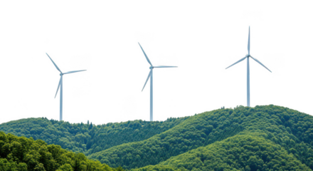 Turbines on a forested hilltop on transparent background