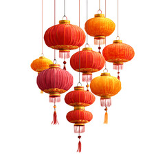 A cluster of vibrant Chinese lanterns in red and orange hues, adorned with tassels, suspended against a white background.

