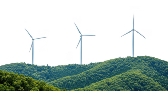 Turbines on a forested hilltop on transparent background