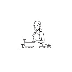 Black and White Vector Illustration of a Smiling Woman Cooking in Kitchen with Apron and Headband